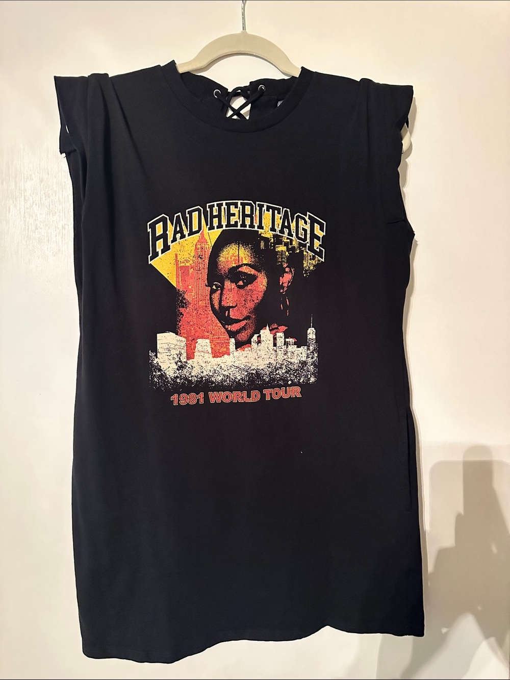 Heritage Black Graphic Sleeveless Tee Dress with Yellow & Red Print